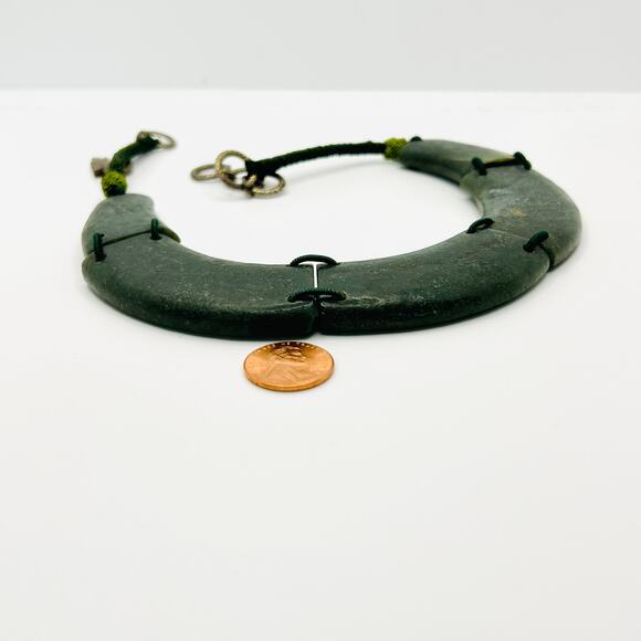 Antique Chinese Jade Dark Green Carved Dragon Clasp Collar Necklace - Picture 4 of 9